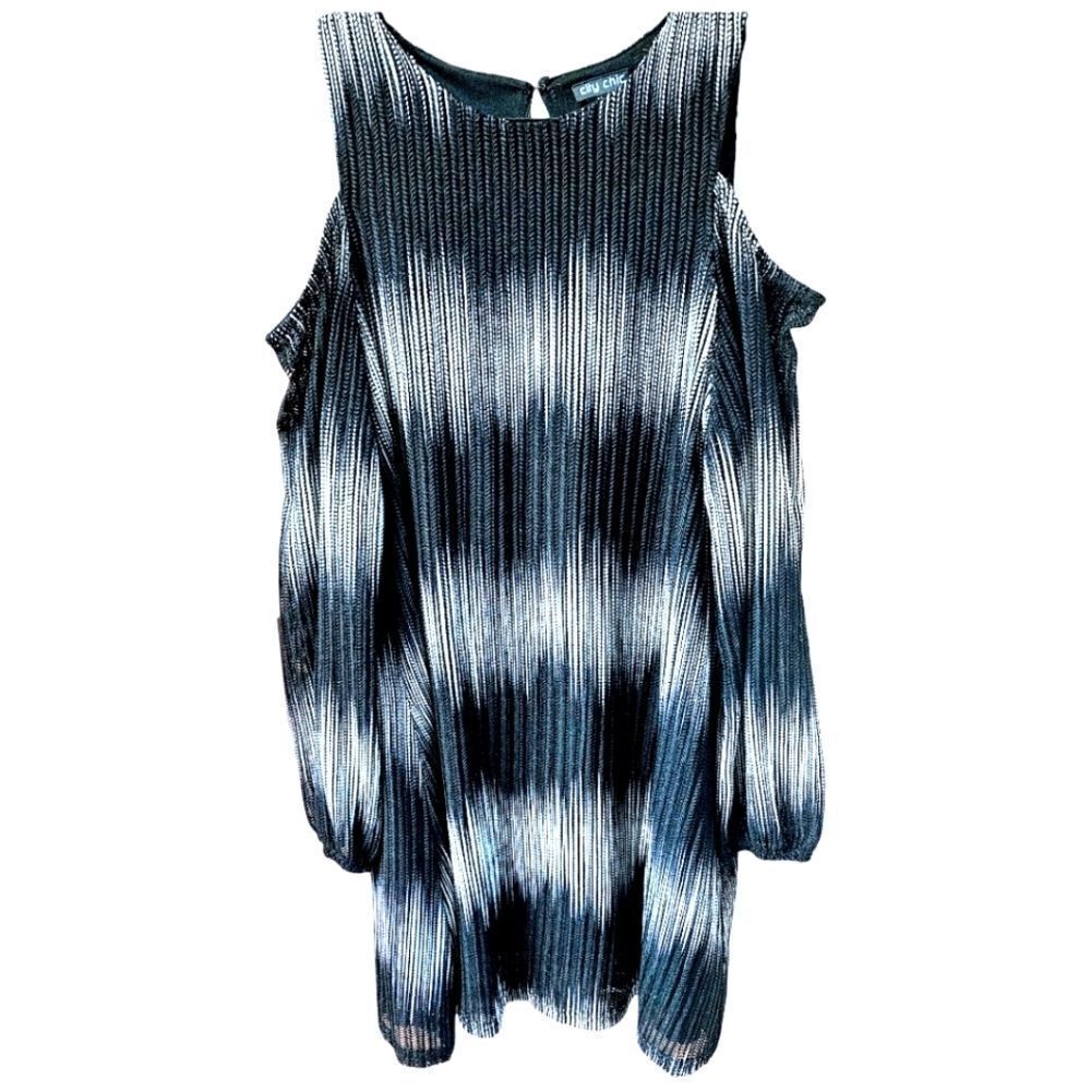 CITY CHICβ Black & Silver Ombre Mesh Knit Long Sleeve Cold Shoulder Shift Dress - Picture 7 of 15
